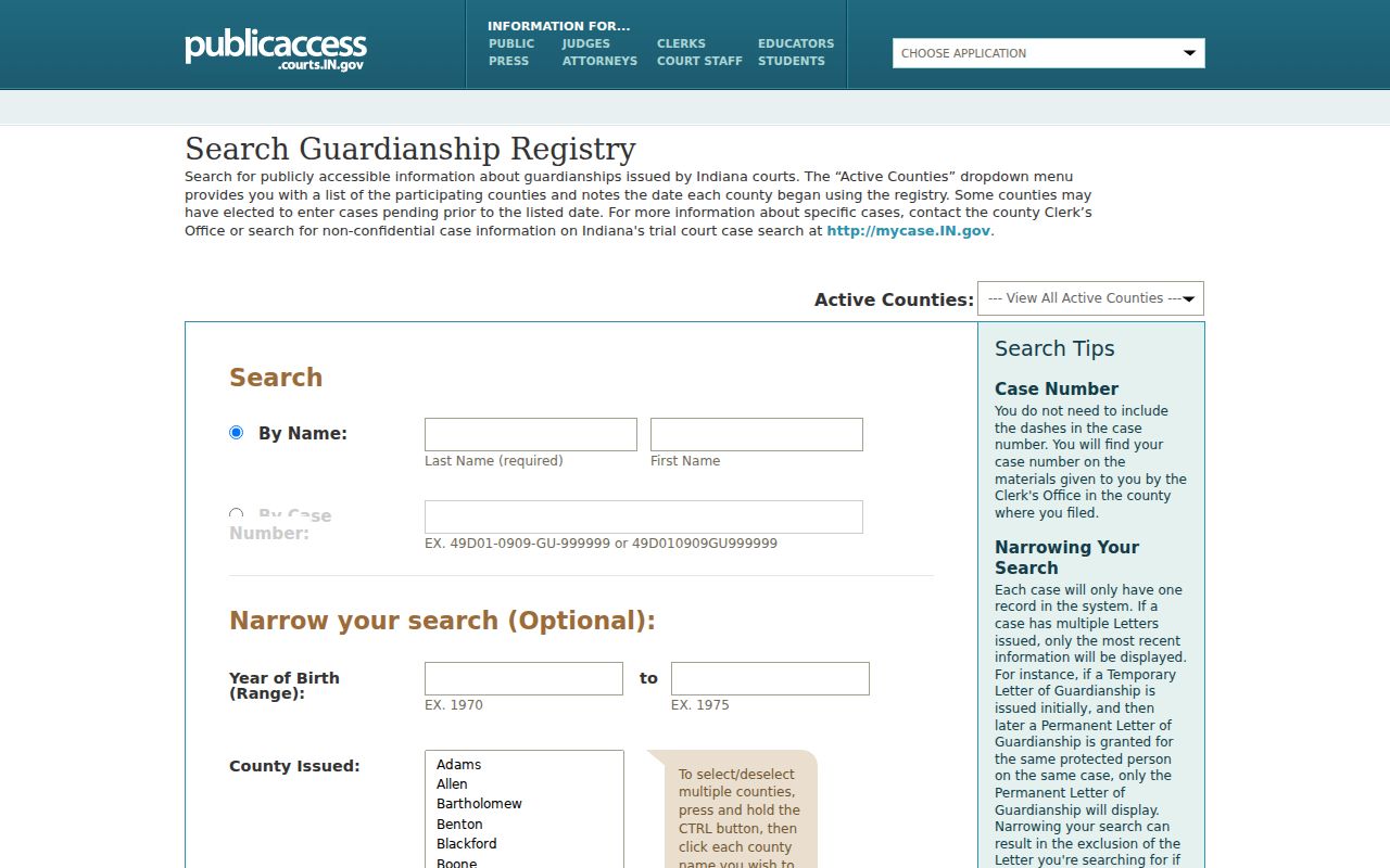 Indiana Guardianship Registry search for Marion County civil records