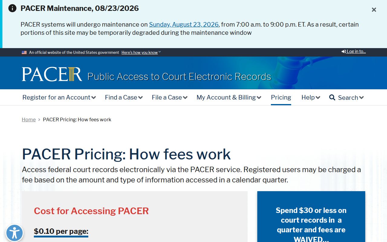 Indianapolis court docket PACER federal pricing